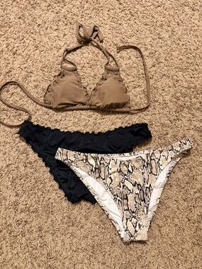 3-Piece Neutral Bikini Set with Snake Print Bottom